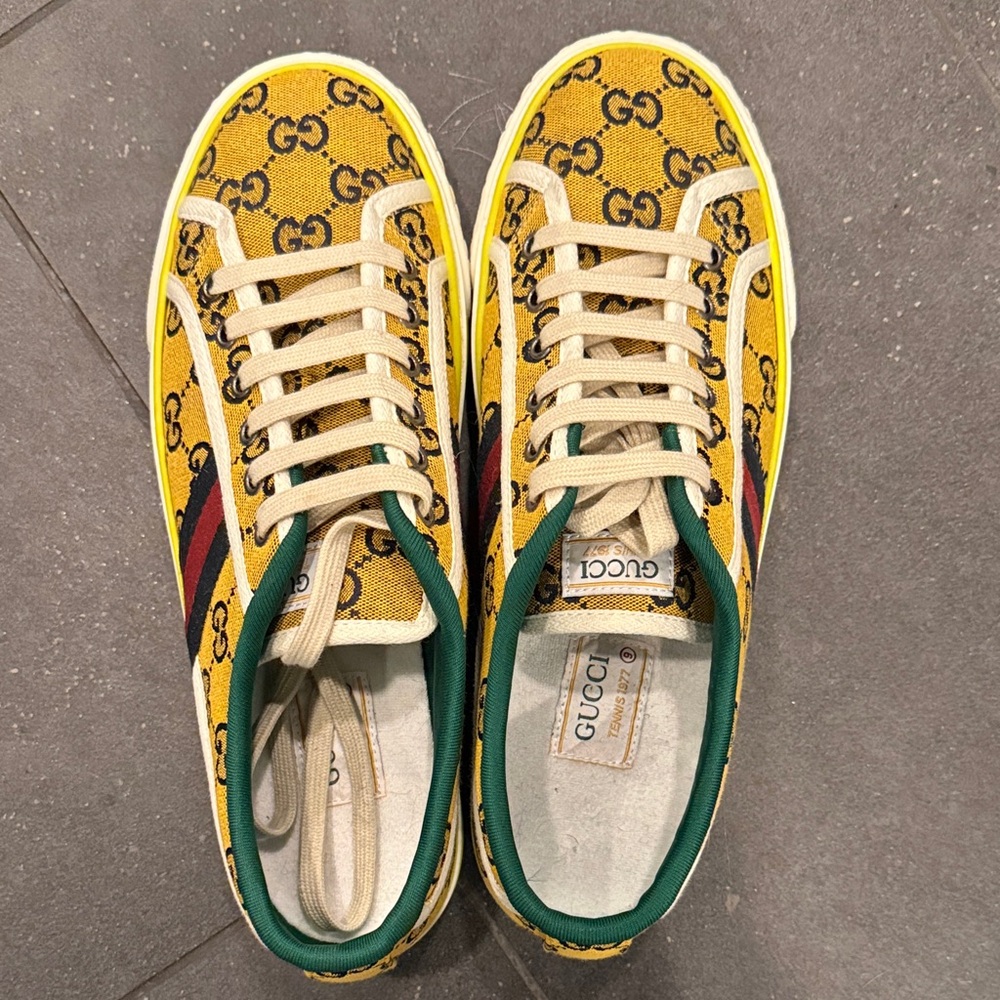 Gucci Yellow Canvas Sneakers with Green and Red Stripes